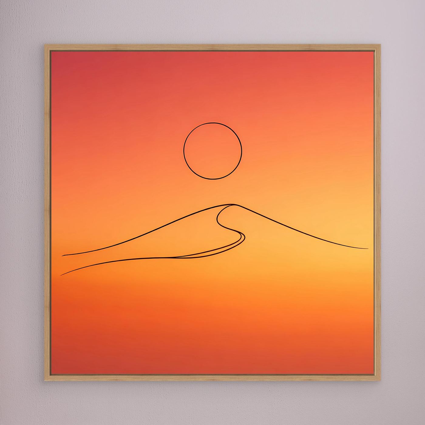 Leinwandbild mit Sonnenuntergangsverlauf, Kreis und Düne in Line-Art, Eichenrahmen
