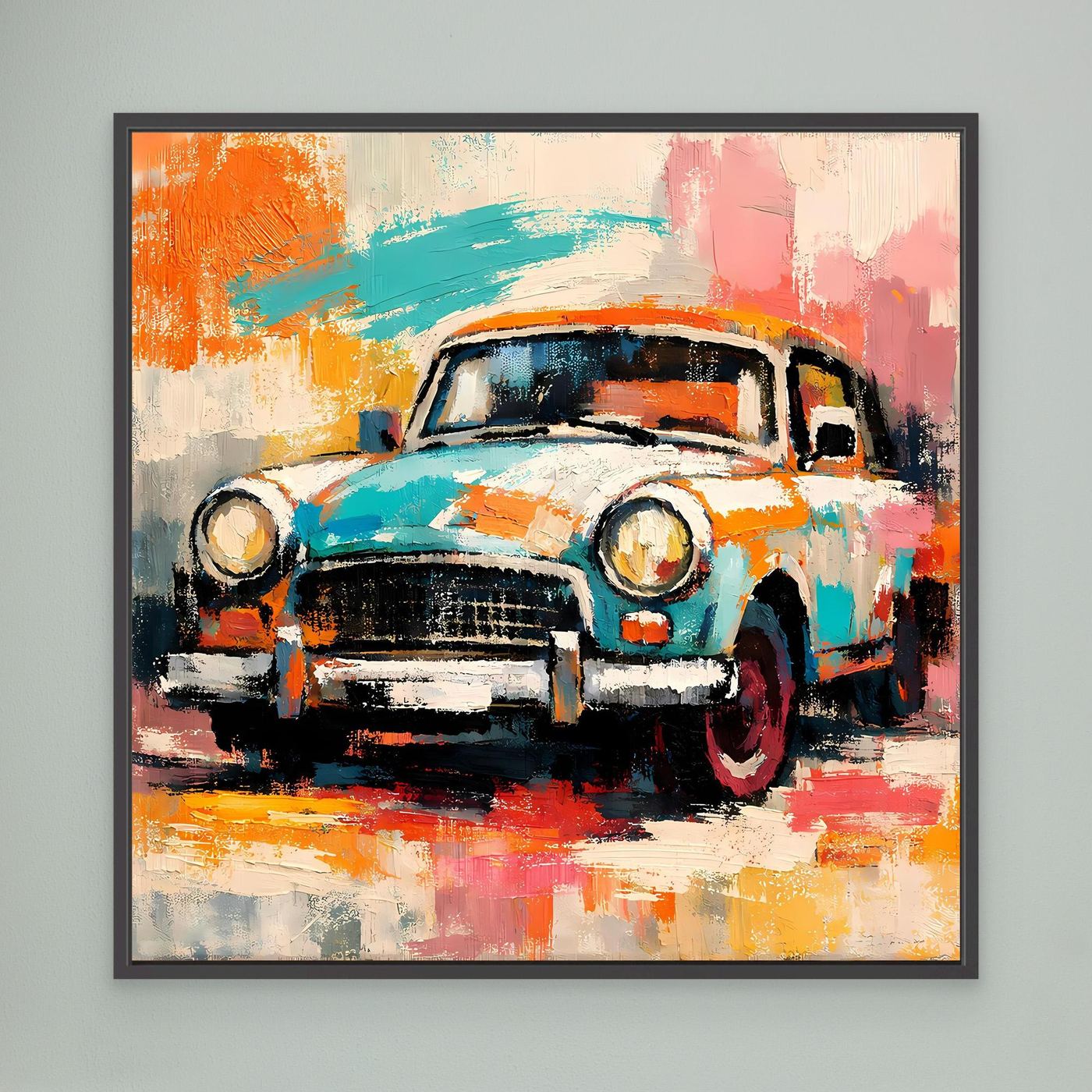 Abstract vintage car wall art in black frame, teal orange pink brushstrokes