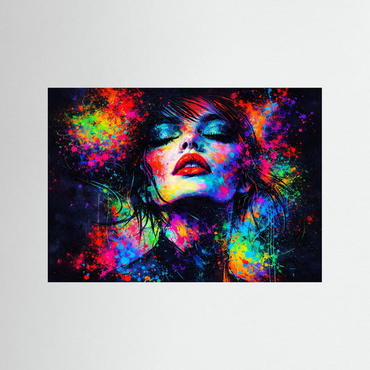 Querformat-Wandbild mit Pop-Art-Porträt einer Frau, buntes Neon-Spritzdesign ohne Rahmen