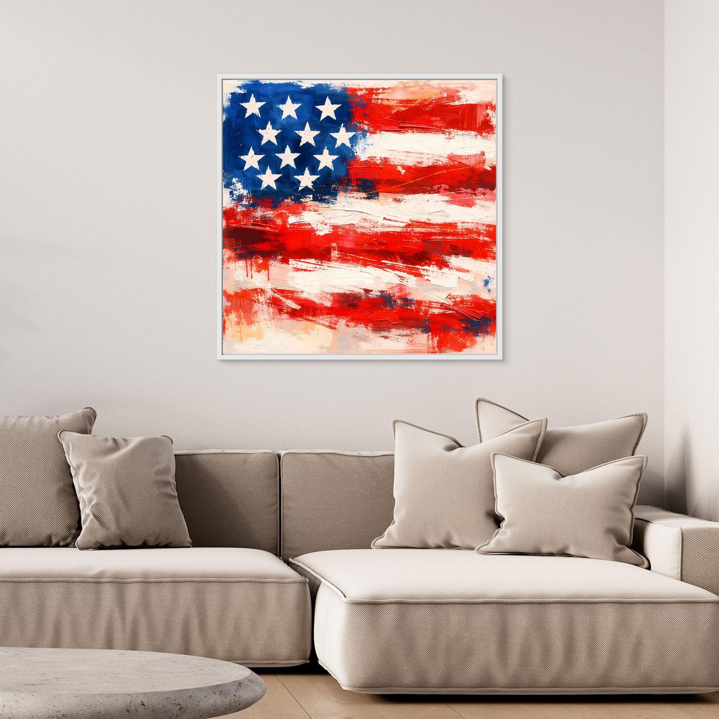 USA flag abstract canvas wall art with white frame; blue stars and red textured strokes