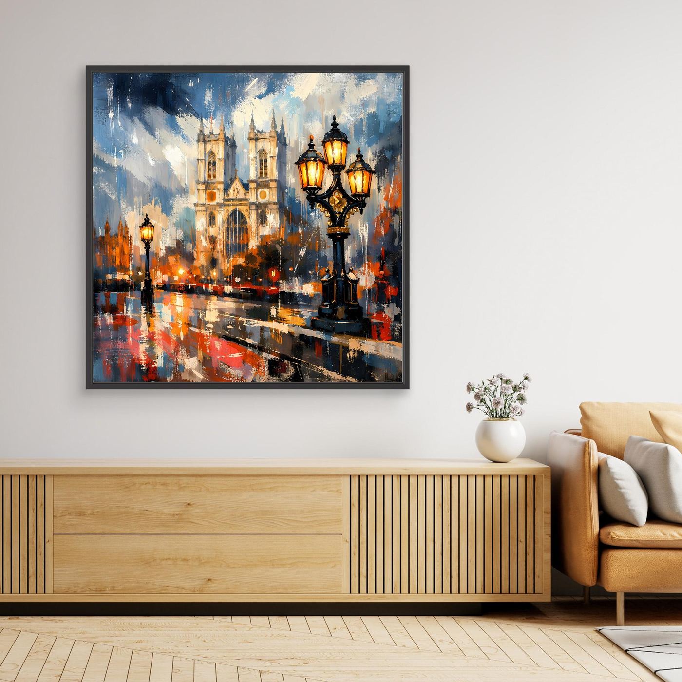 Leinwand-Wandbild mit abstrakter London-Nacht, Laternen und Kirchtürmen, schwarzer Rahmen