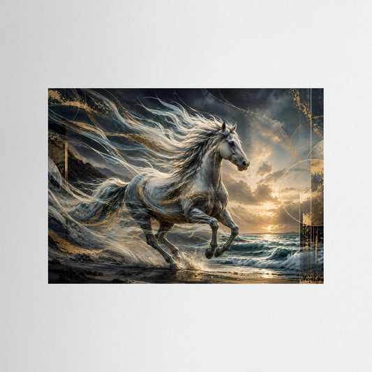 Querformat-Poster: galoppierendes Pferd in Blau-Grau, stürmische See mit Goldakzenten.
