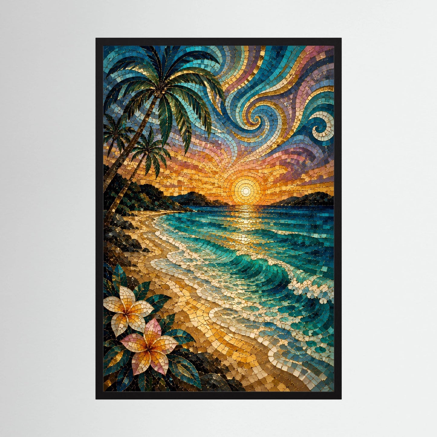 Hochformat-Poster mit Mosaikmotiv: tropischer Strand, Palmen und Sonnenuntergang, schwarzer Rahmen.