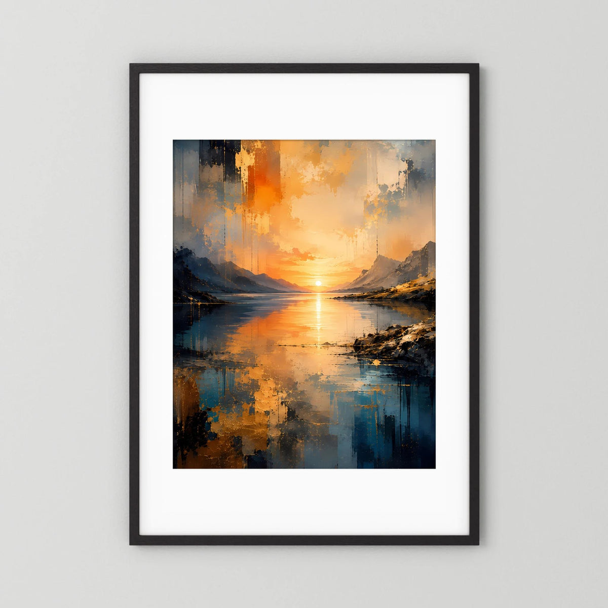Poster im Hochformat mit schwarzem Rahmen und weißem Rand, abstrakte Berglandschaft am See