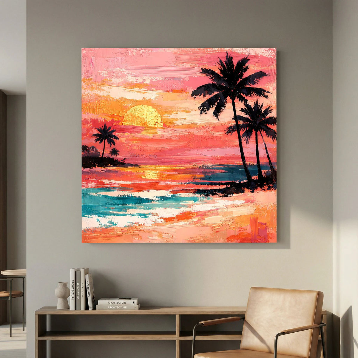 Rechteckiges Leinwandbild mit Sonnenuntergang über Wasser, Palmen in Schwarz und warmen Orange-Tönen