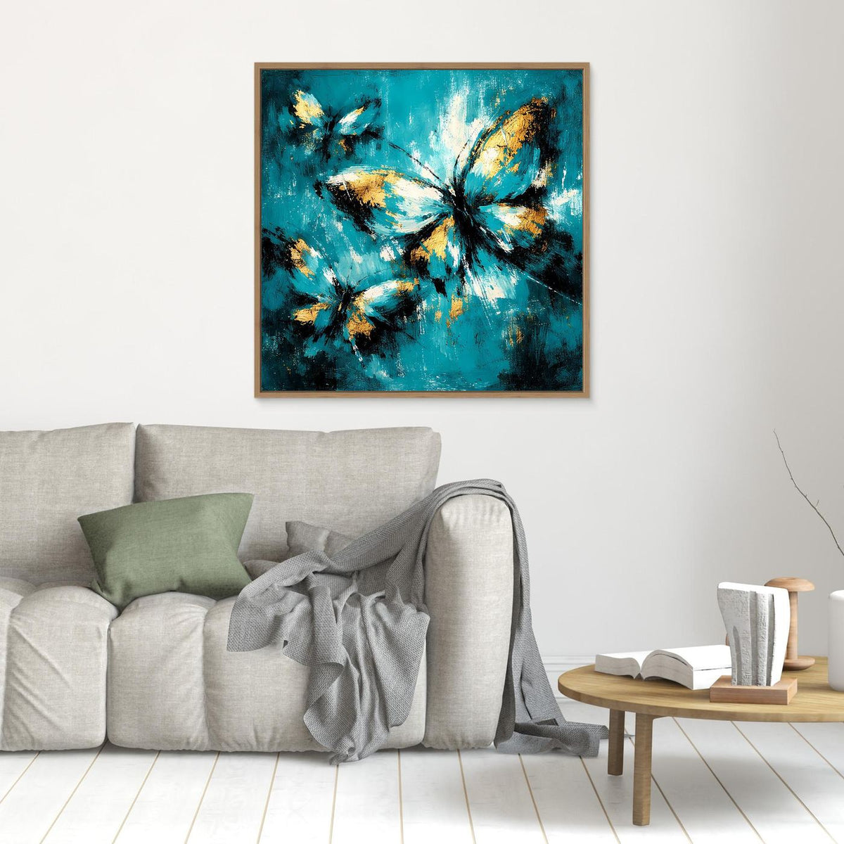 Abstraktes Leinwand-Wandbild: Schmetterlinge in Türkis und Gold, im Holzrahmen