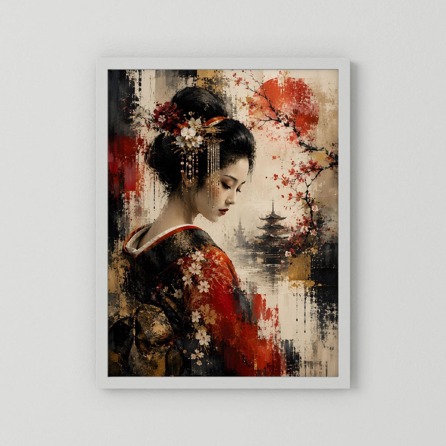 Kunstposter im Hochformat: Geisha-Porträt mit Kirschblüten, rote und goldene Farbtöne, weiß gerahmt.