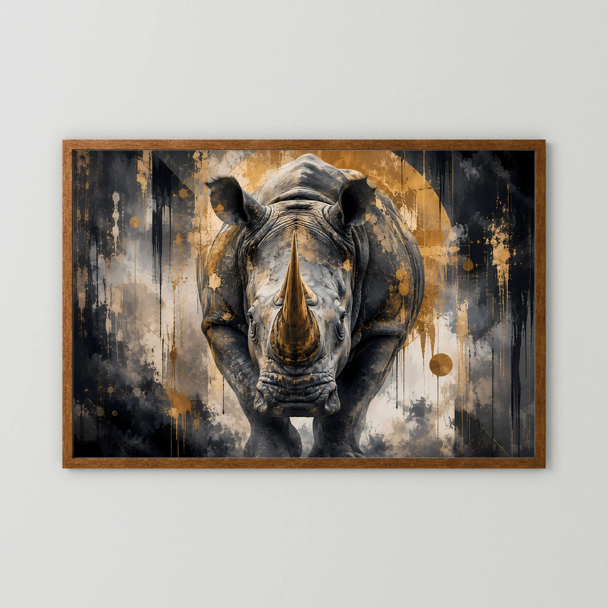 Abstraktes Nashorn-Poster im braunen Holzrahmen, Schwarz-Gold Grafik im Querformat