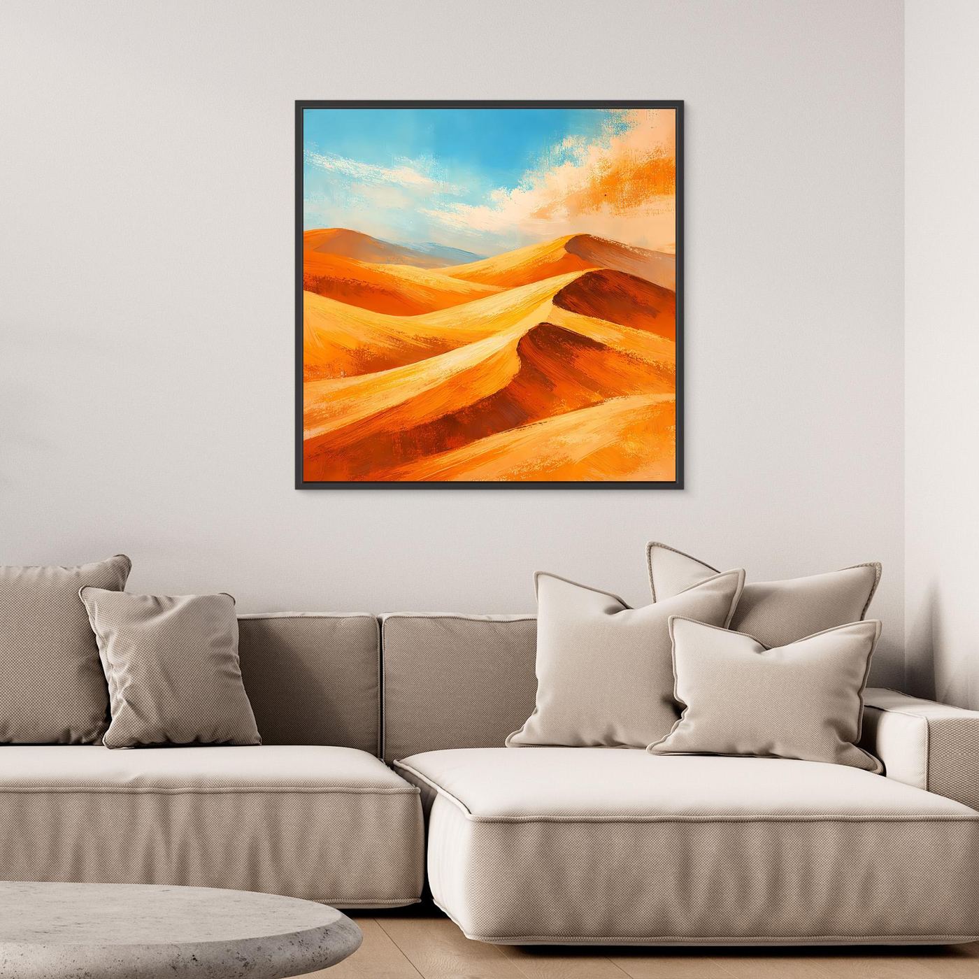 Desert landscape abstract wall art with orange sand dunes and blue sky, dark frame