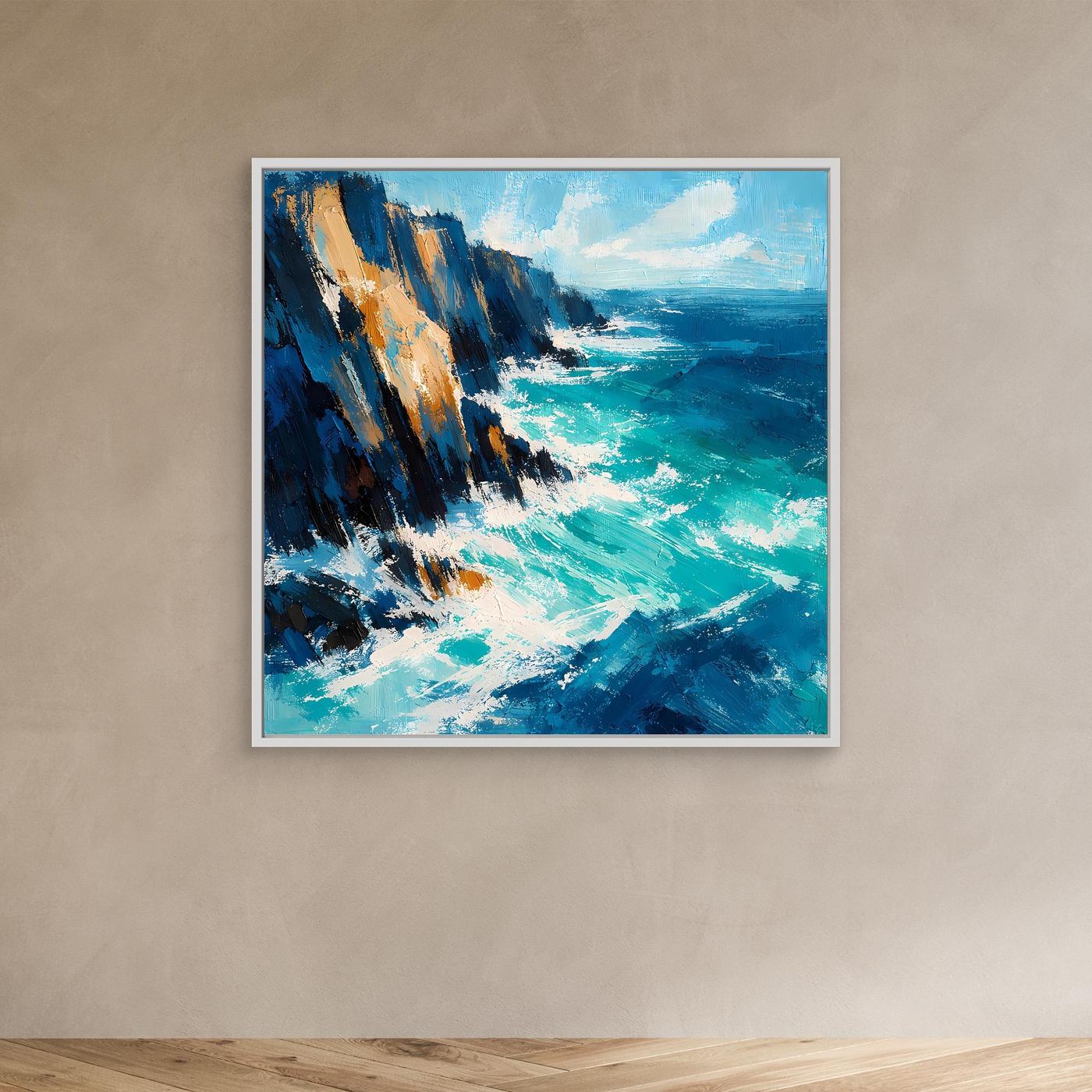 Leinwand-Wandbild mit abstrakter Meeresküste im weißen Rahmen, kräftige blaue Pinselstriche