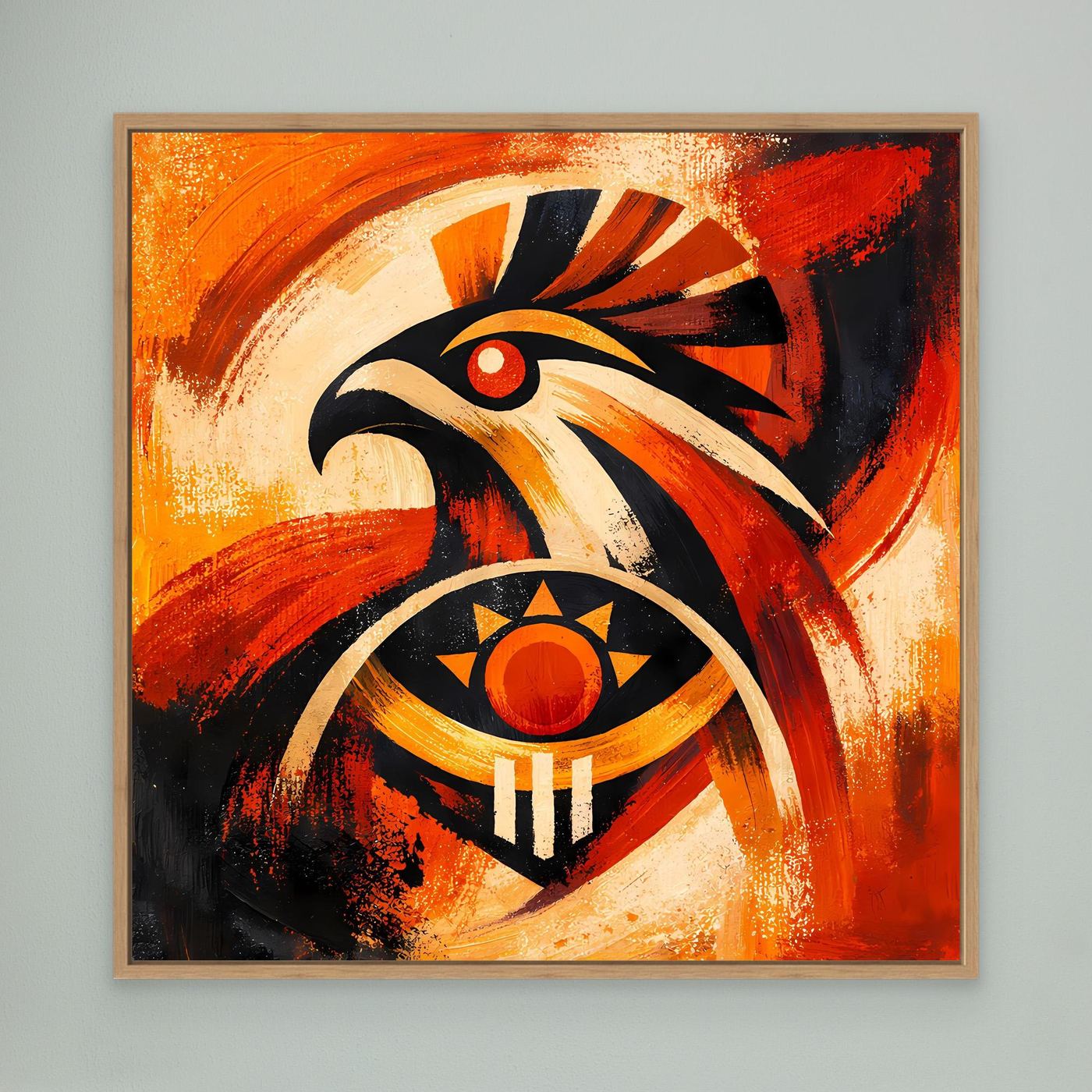 Wandbild mit Falken- und Sonnensymbol, orange-rot-schwarz, im Holzrahmen