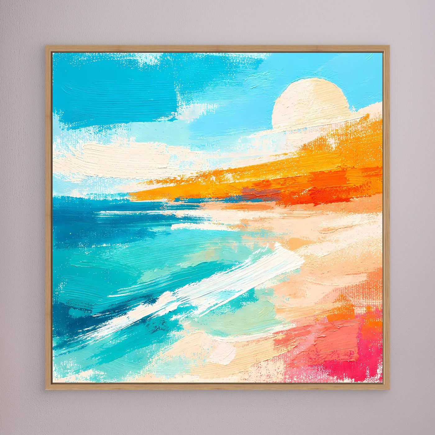 Abstract beach wall art: teal ocean, orange shore, pale sun; wood frame