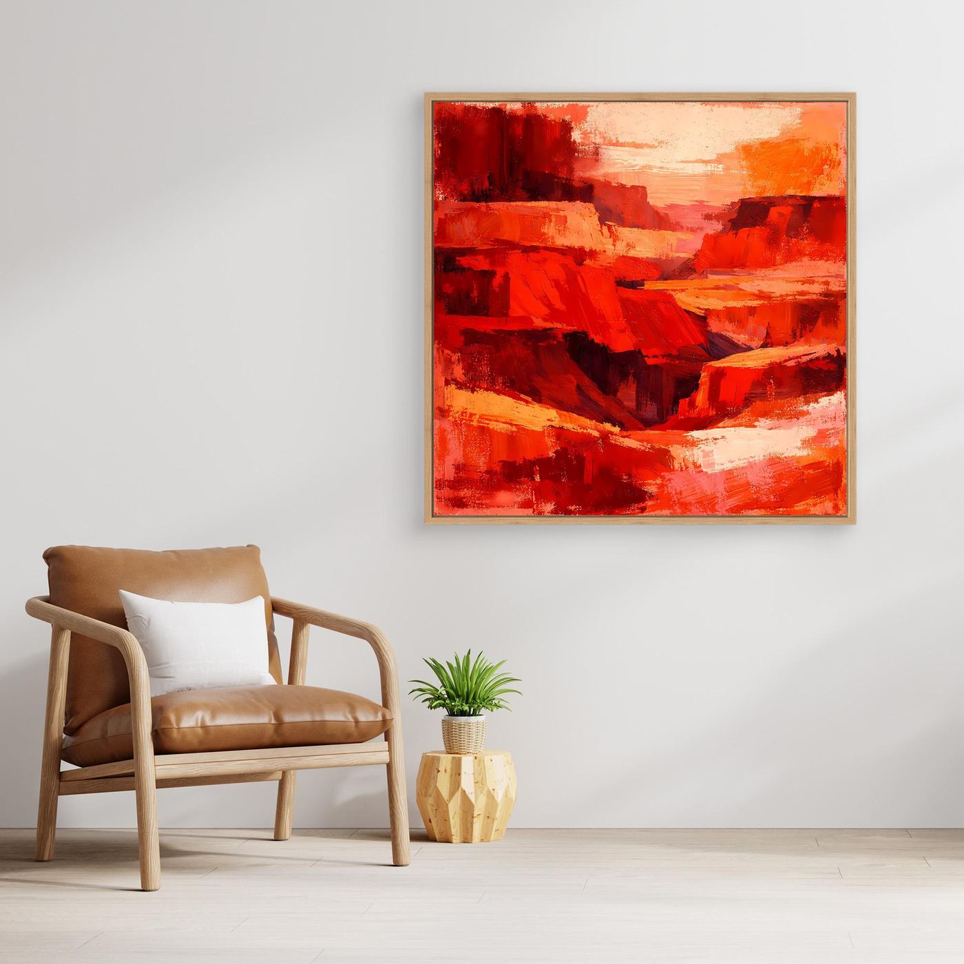 Leinwand-Wandbild mit abstrakter Canyon-Schlucht in Rot und Orange mit beigem Rahmen