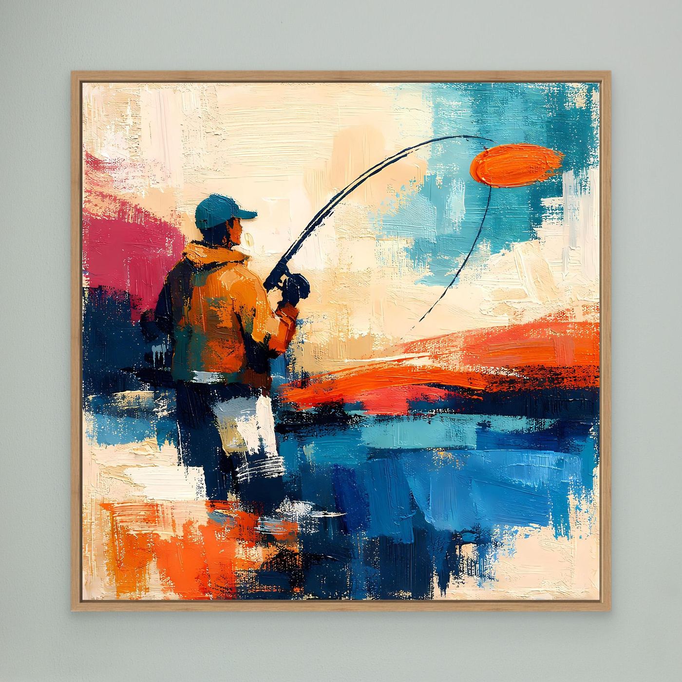Light wood-framed abstract canvas wall art: angler fishing with curved line and orange float.