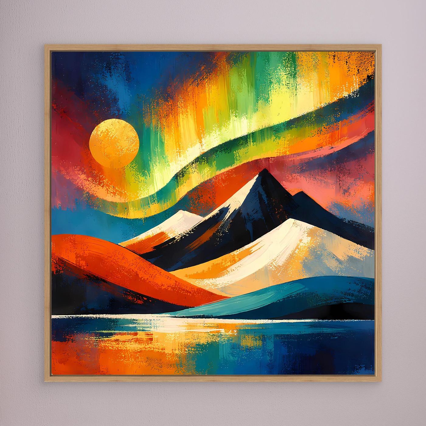 Gerahmtes Leinwandbild mit Berglandschaft, Blau-Orange-Grün, Holzrahmen