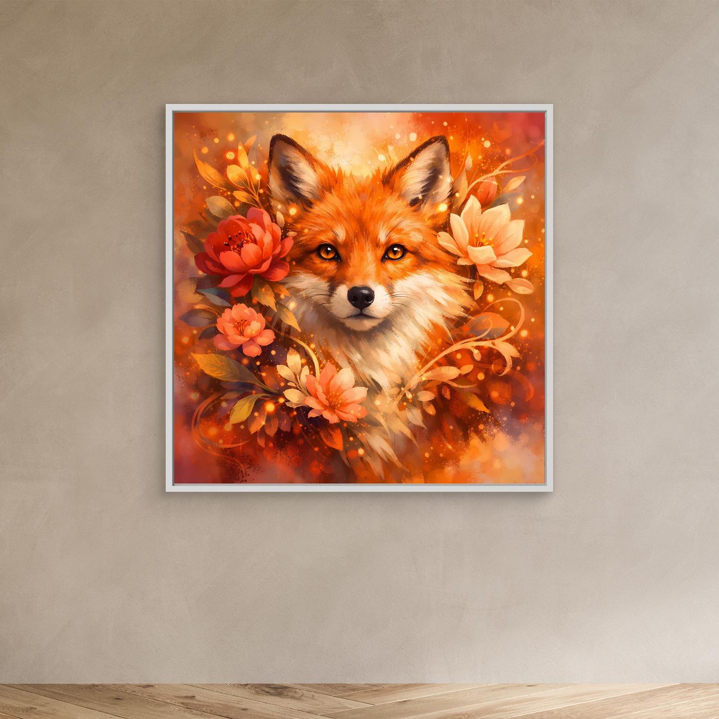 Leinwandbild Fuchs mit Blumenmotiv, orangefarben, im weißen Rahmen