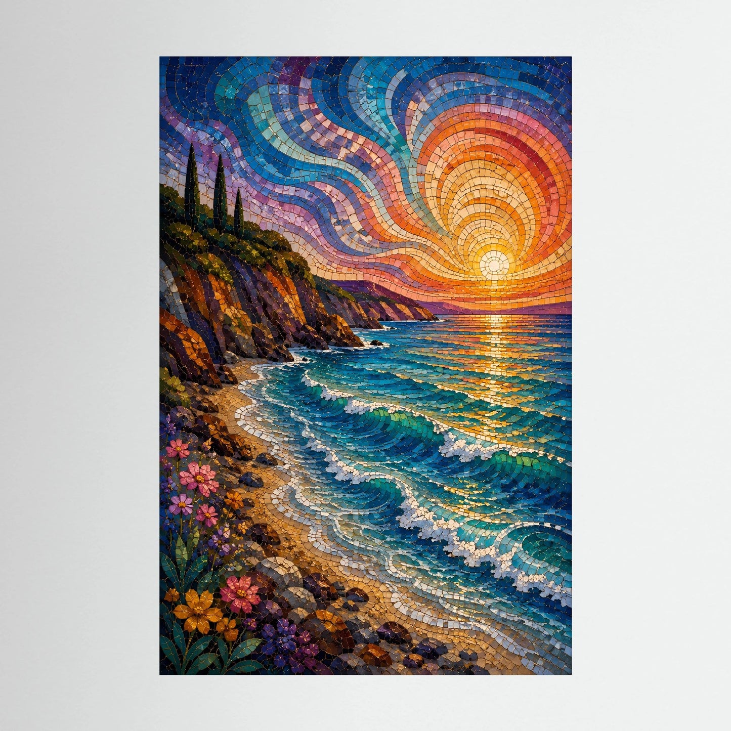 Mediterrane Küste im Mosaikstil | Sonnenuntergang am türkisblauen Meer | Poster Hochformat