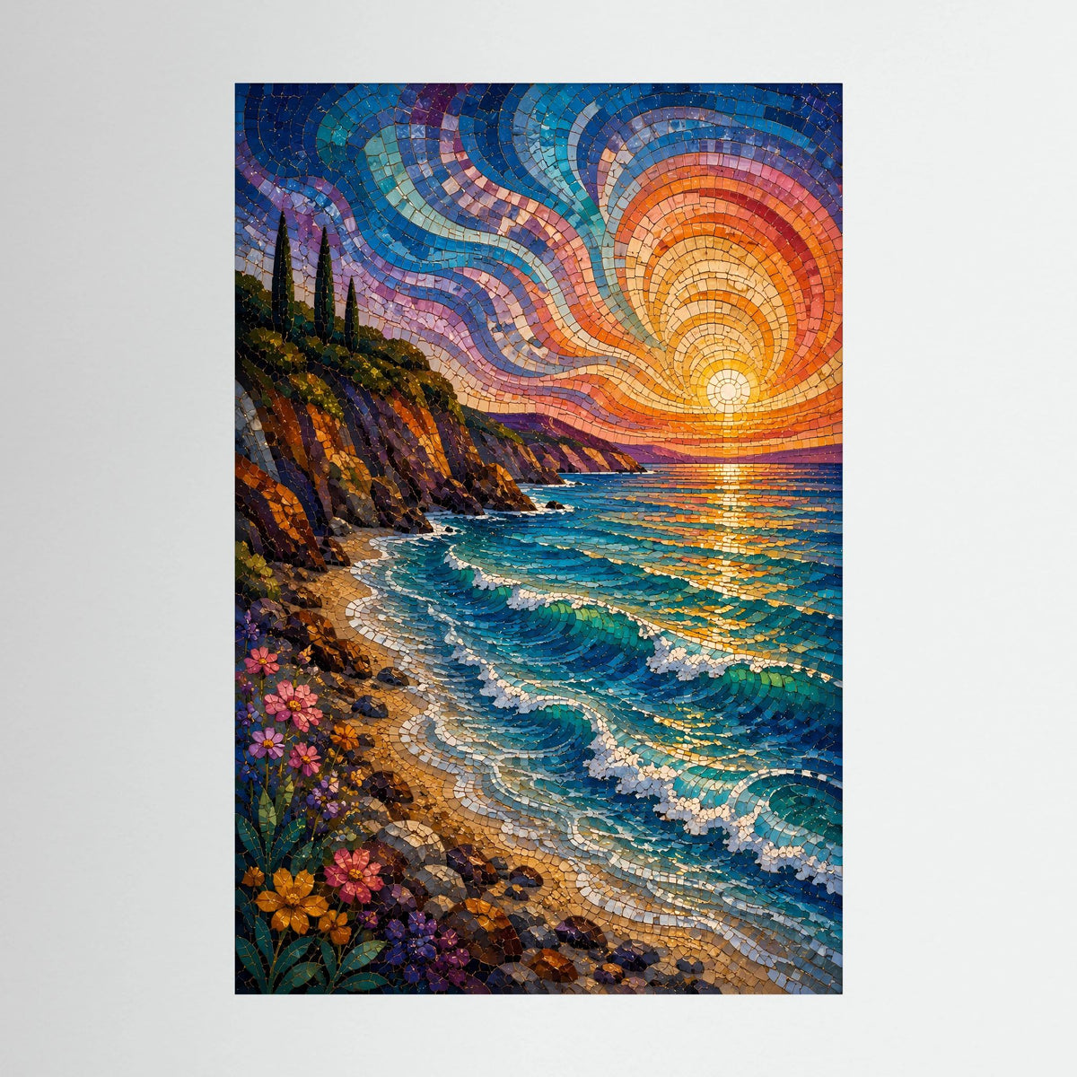 Mediterrane Küste im Mosaikstil | Sonnenuntergang am türkisblauen Meer | Poster Hochformat