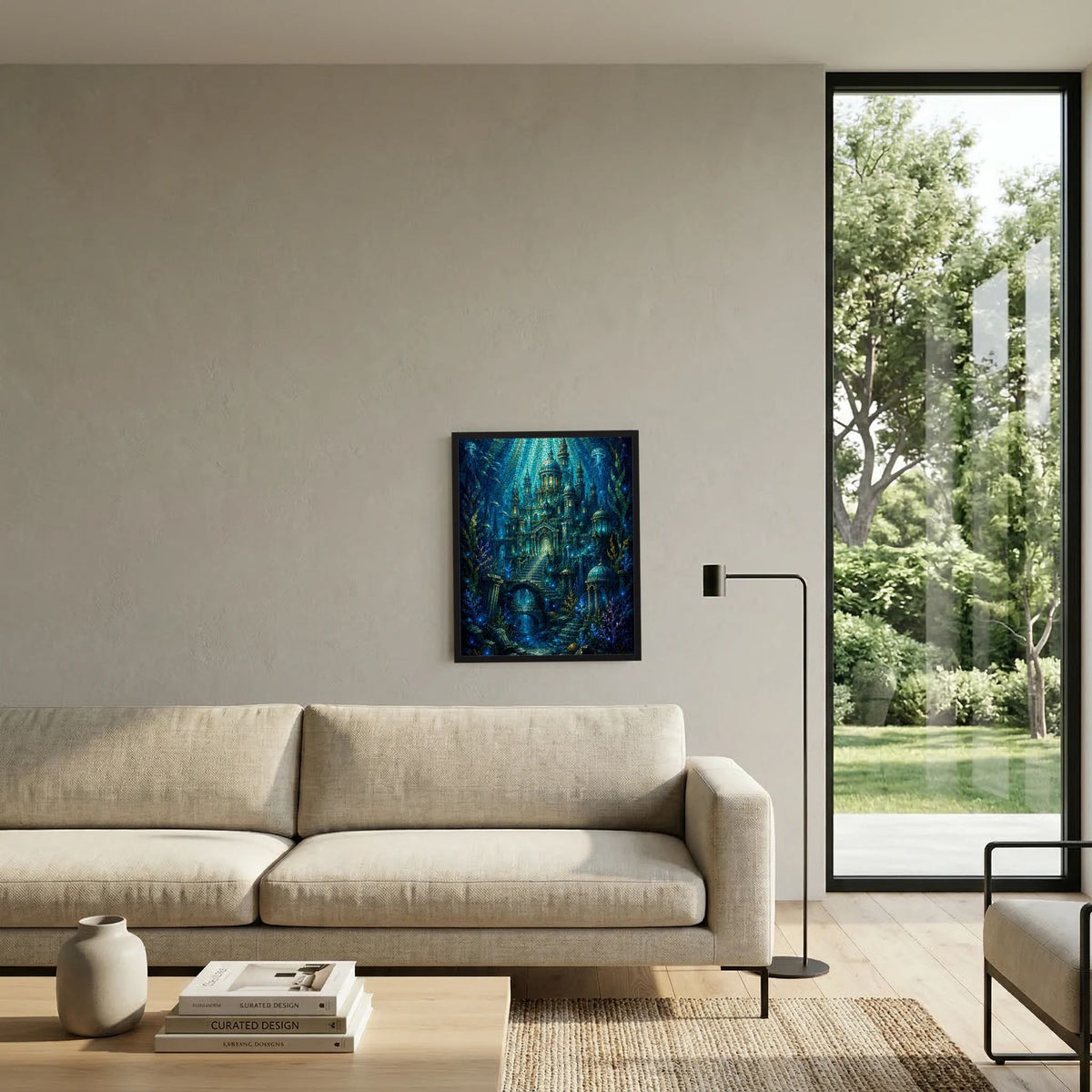 Gerahmtes Hochformat-Poster mit blau-goldener Unterwasserstadt im Mosaikstil