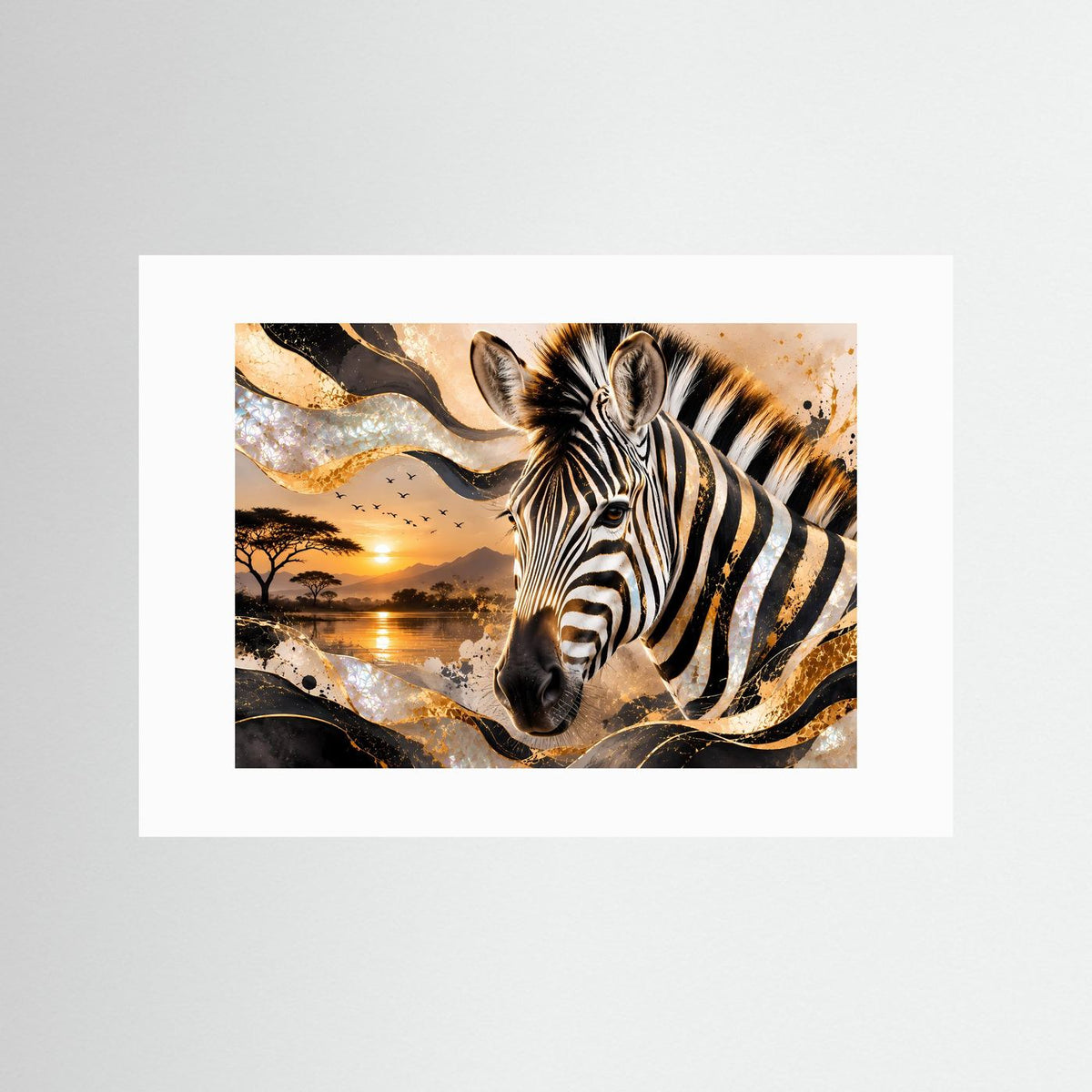 Wandkunst mit Zebra-Porträt in Schwarz, Weiß, Gold und Perlmutt mit weißem Passepartout