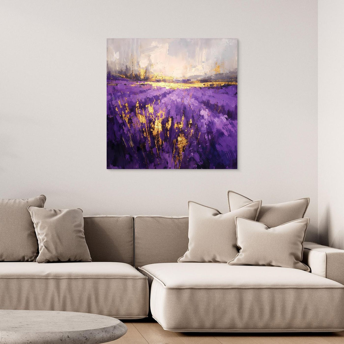 Wandbild Leinwand mit violettem Lavendelfeld, goldenen Akzenten und hellem Himmel