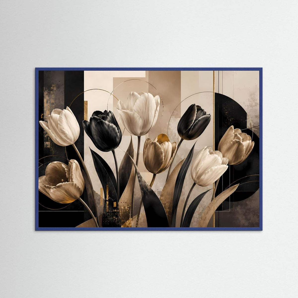 Gerahmtes Poster mit abstrakten Tulpen in schwarz, creme und goldfarbenen Akzenten, quer