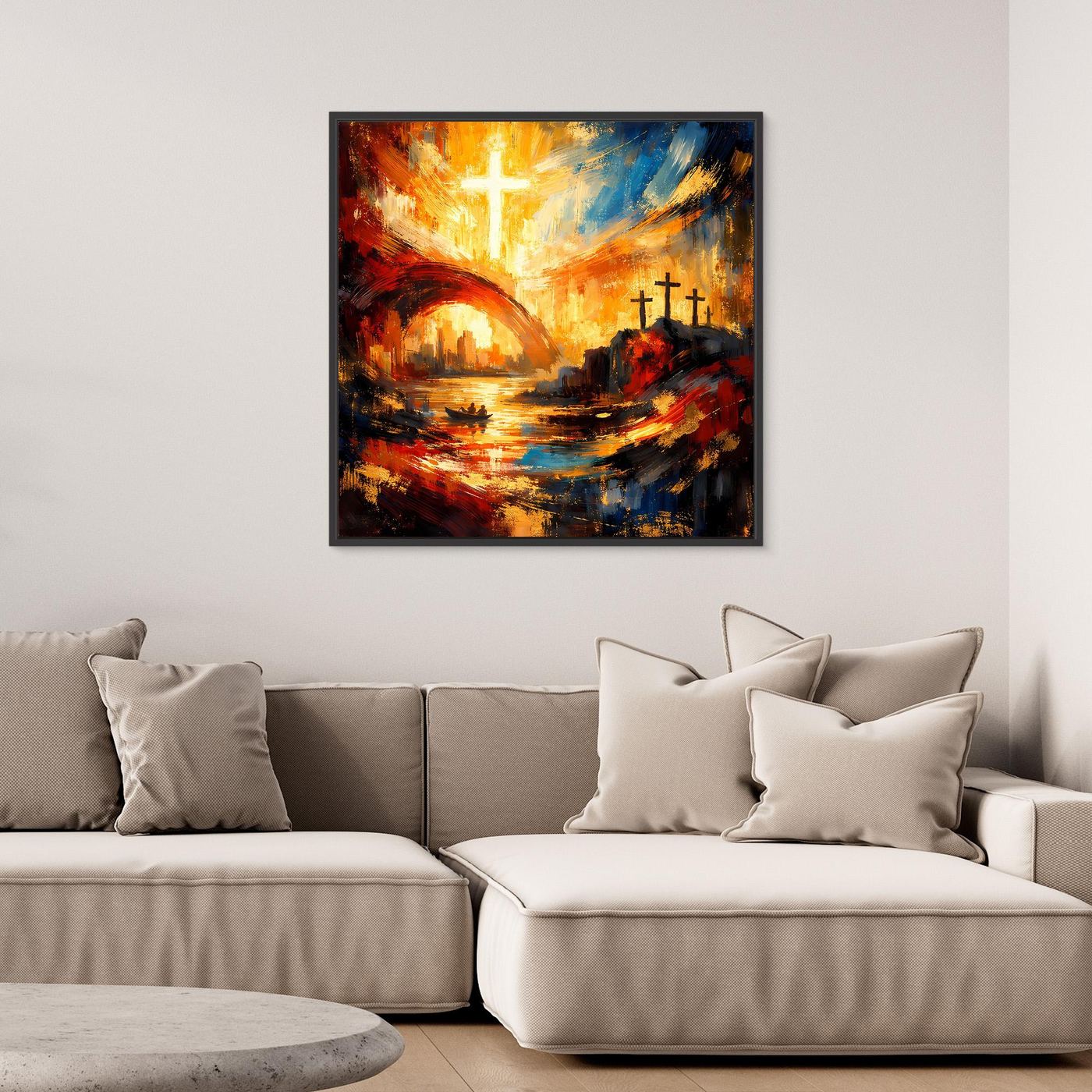Leinwandbild mit schwarzem Rahmen, abstrakte Szene mit goldenem Licht und Kreuz
