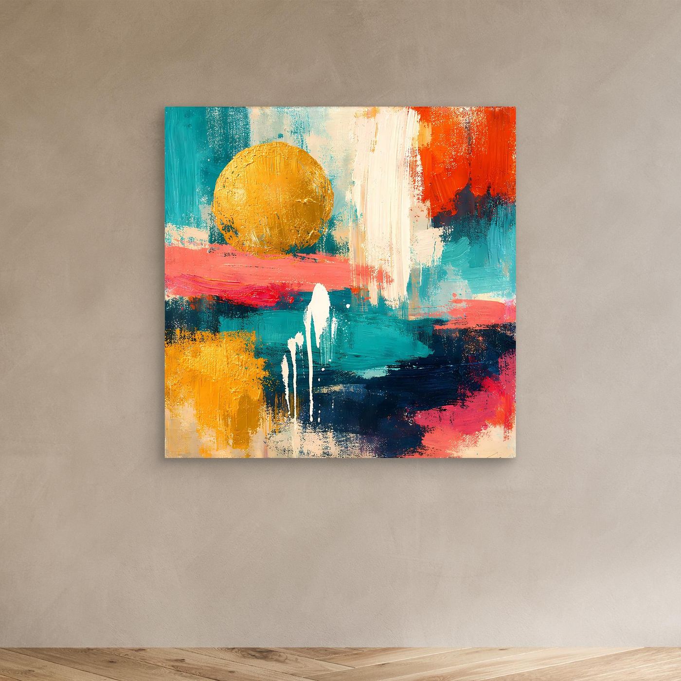 Abstraktes Leinwandbild mit goldener Sonne und bunten Farbflächen