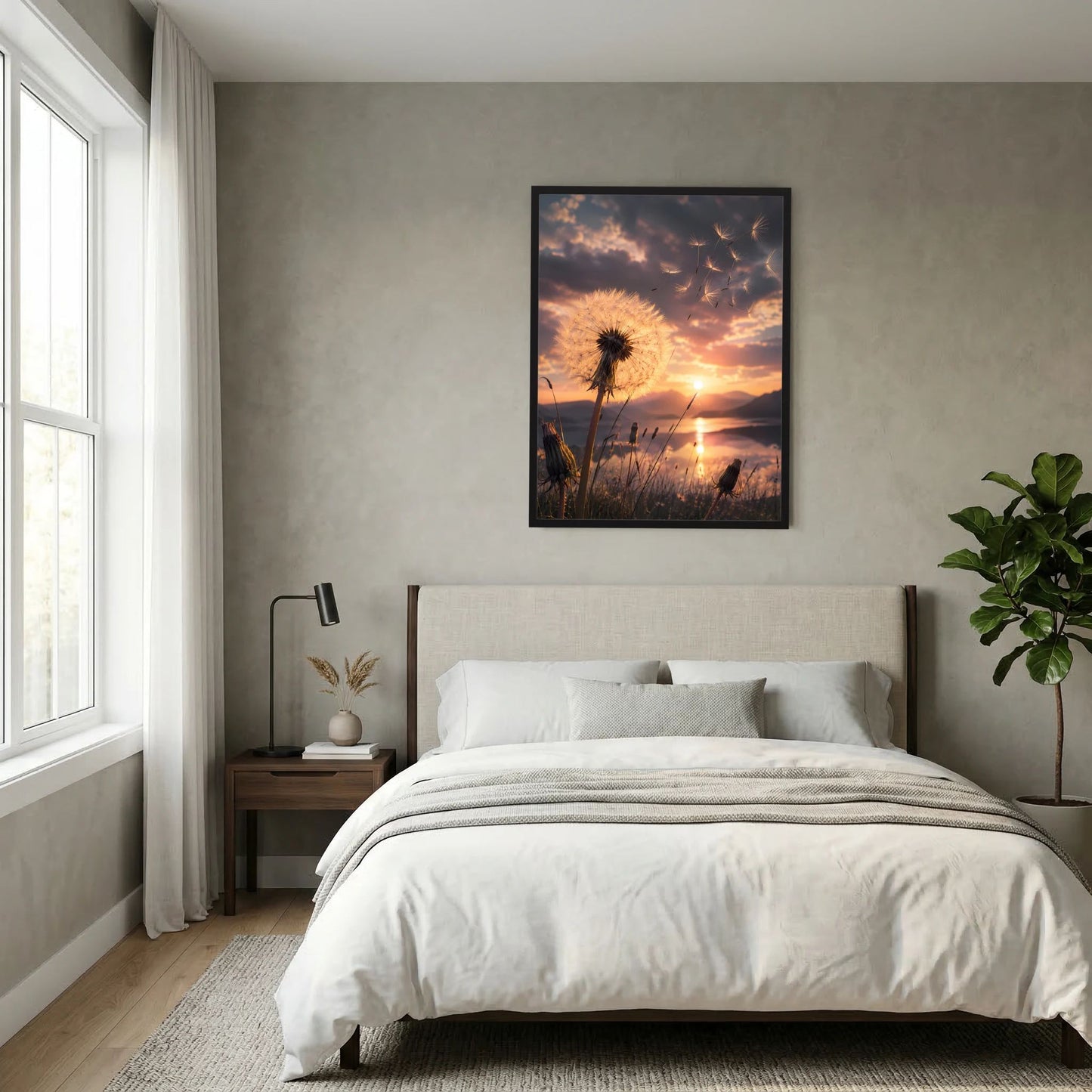 Hochformatiges Wandposter mit Pusteblume und Sonnenaufgangsstimmung, dunkel gerahmt