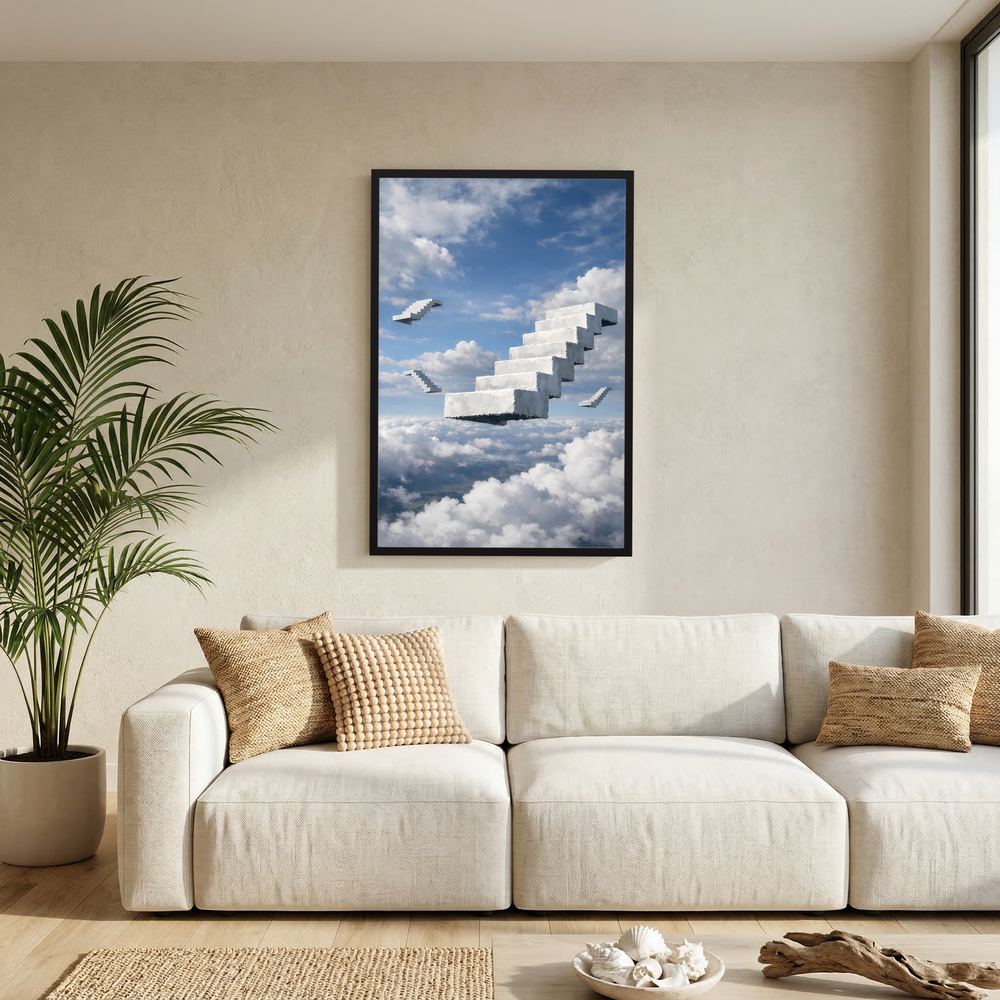Hochformatiges Poster mit schwebenden Treppenstufen über Wolken, schwarzer Rahmen