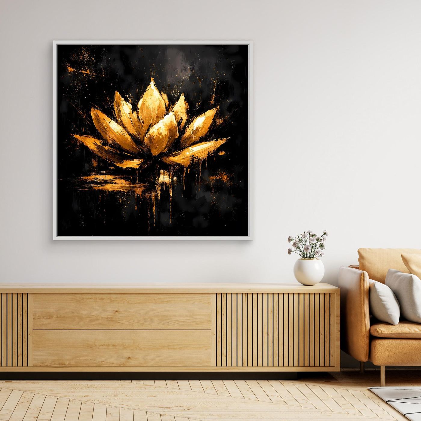 Leinwand Goldene Lotusblüte auf Schwarz | Abstraktes Meditations Wandbild
