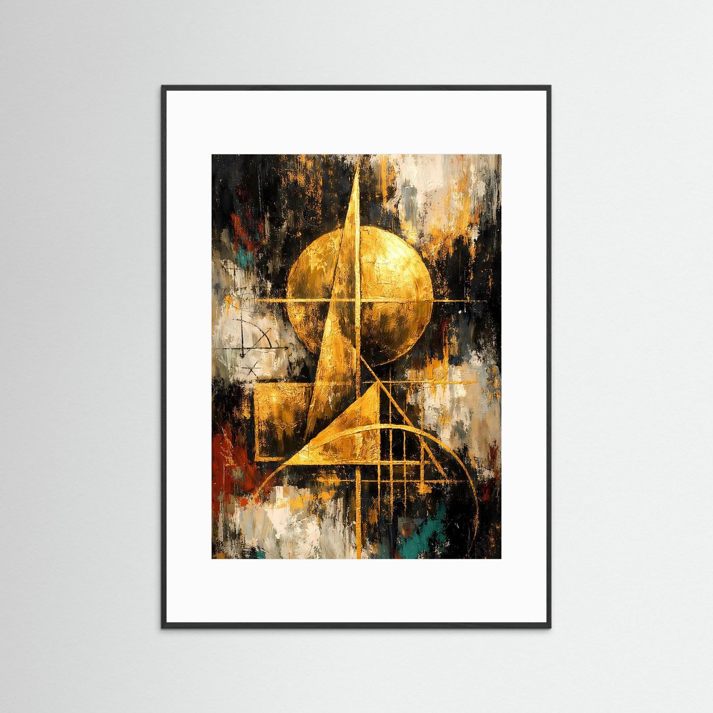 Abstraktes Bauhaus-Poster mit weißem Passepartout und schwarzem Rahmen, goldene Kreise und Linien
