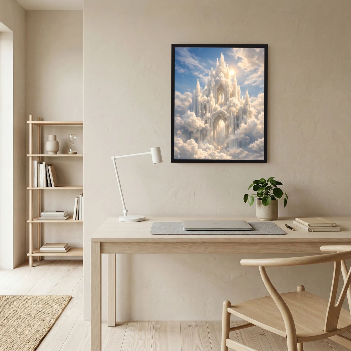 Hochformat-Poster mit Schloss in Wolken, schwarzer Rahmen