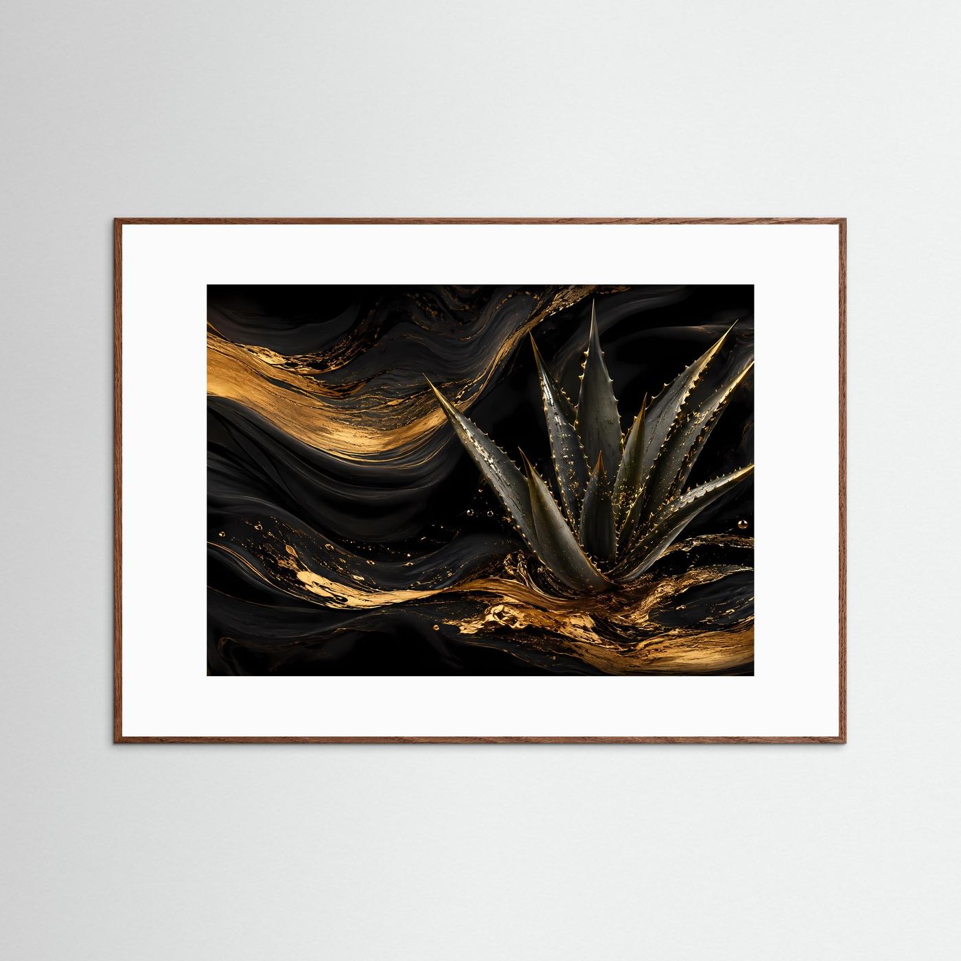 Poster: abstrakte Aloe Vera, schwarz-goldenes Bild, brauner Rahmen (Querformat)