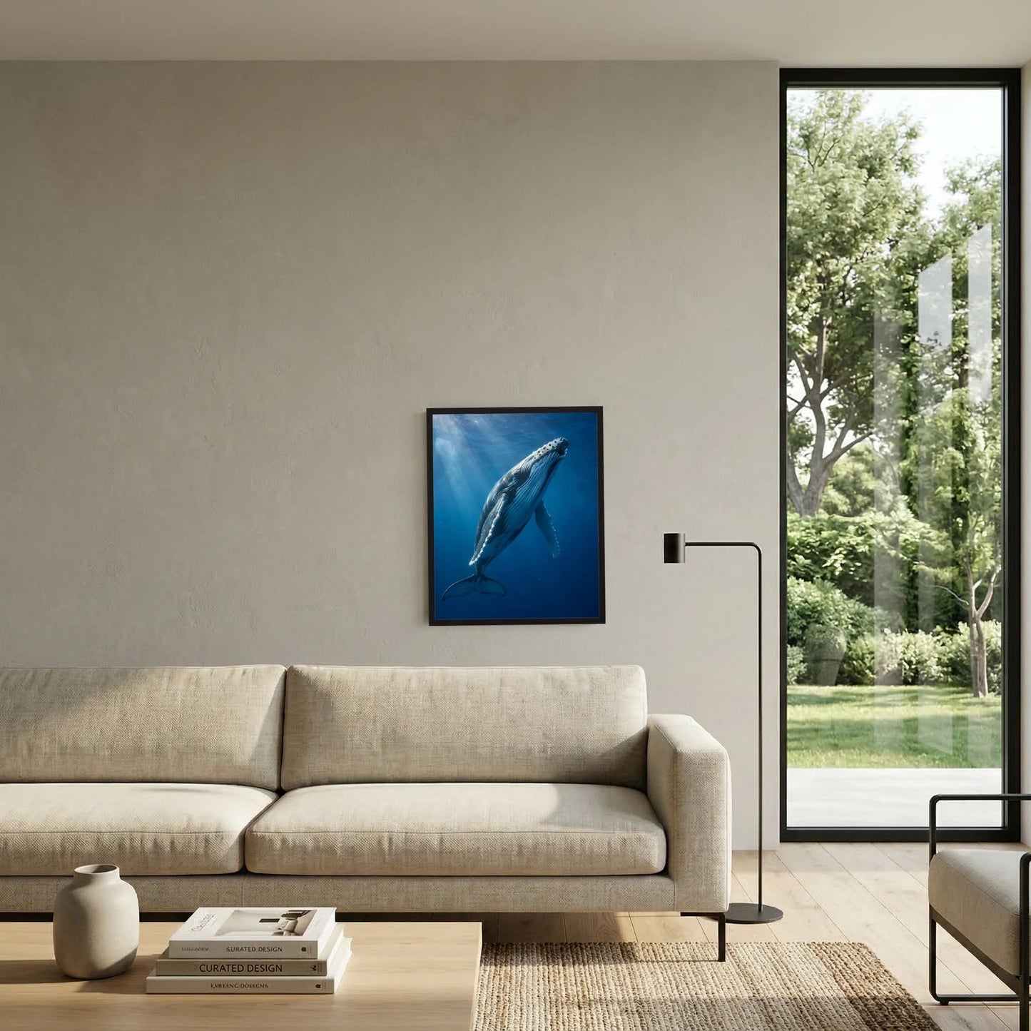 Poster mit Buckelwal unter Wasser, schwarz gerahmt, vor Sofa