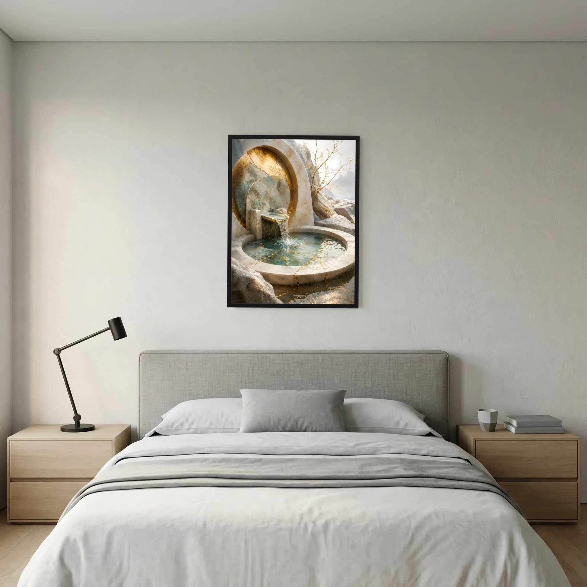 Hochformat-Poster mit goldener Brunnennische und rundem Steinbecken mit türkisfarbenem Wasser