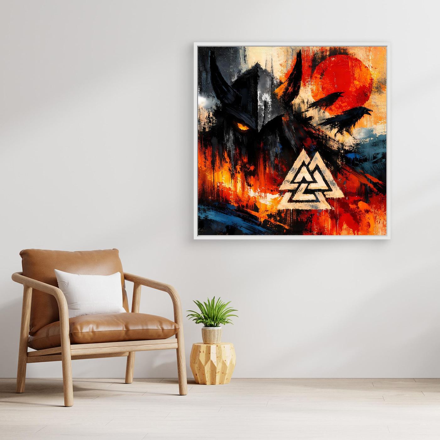 Leinwandbild mit schwarzem Rabenmotiv und Valknut-Symbol, abstrakter Stil in Rot und Blau