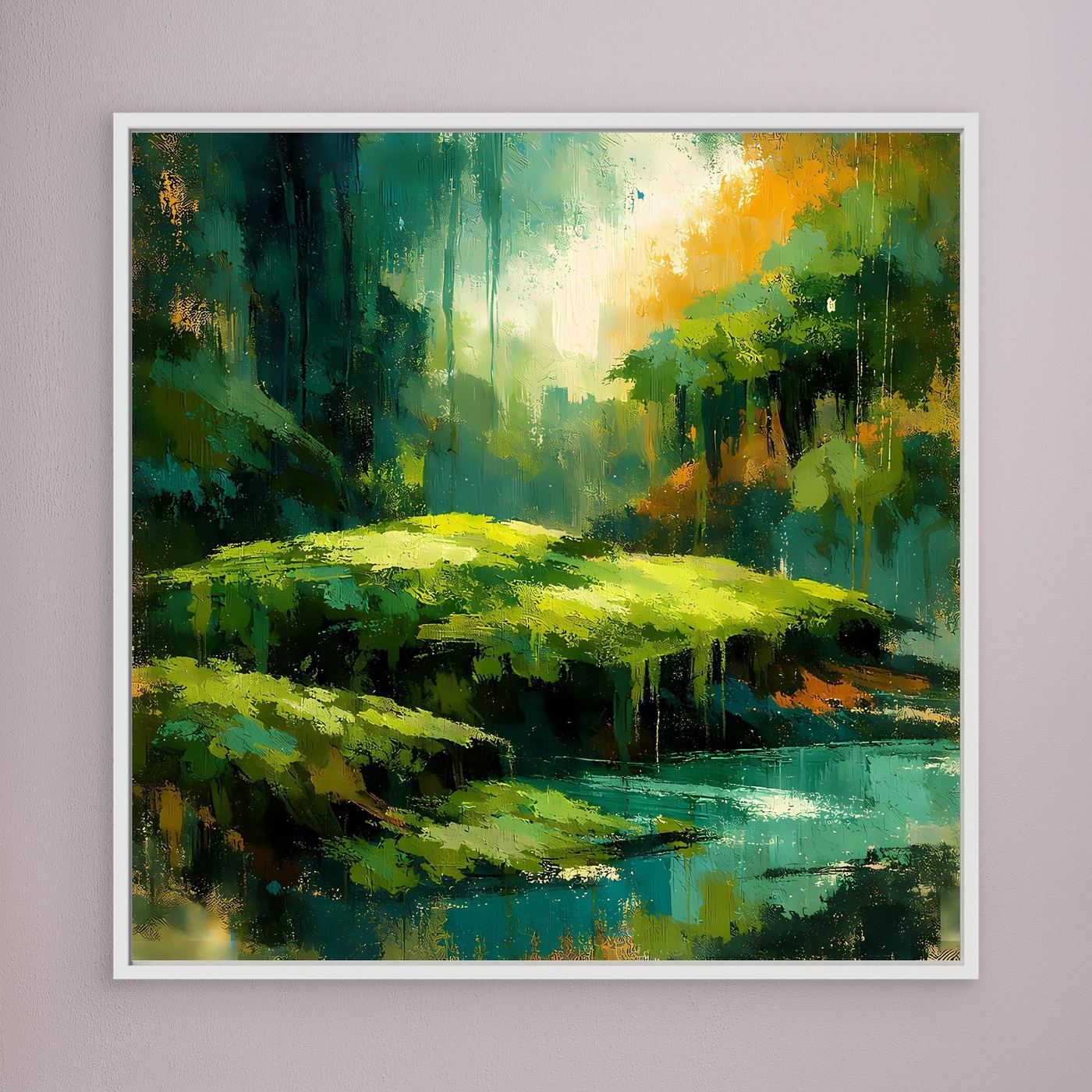 Wandbild mit abstraktem Dschungel und Fluss, grün-gelb-blau, schmal weiß gerahmt