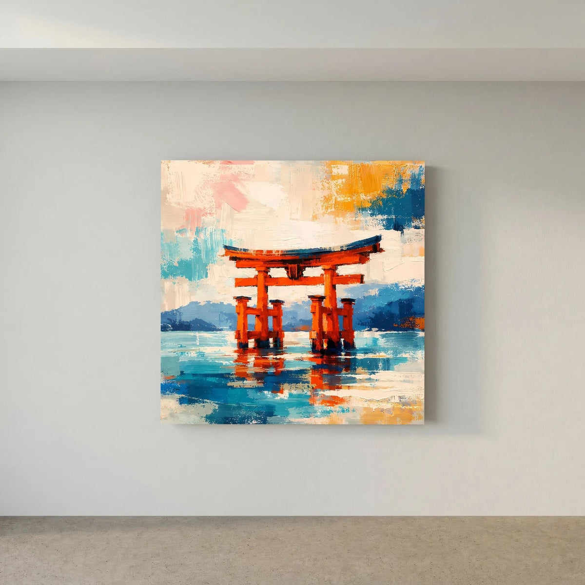 Leinwandbild auf Holzkeilrahmen mit orangefarbenen Torii-Toren und blauem Wasser im Abstraktstil