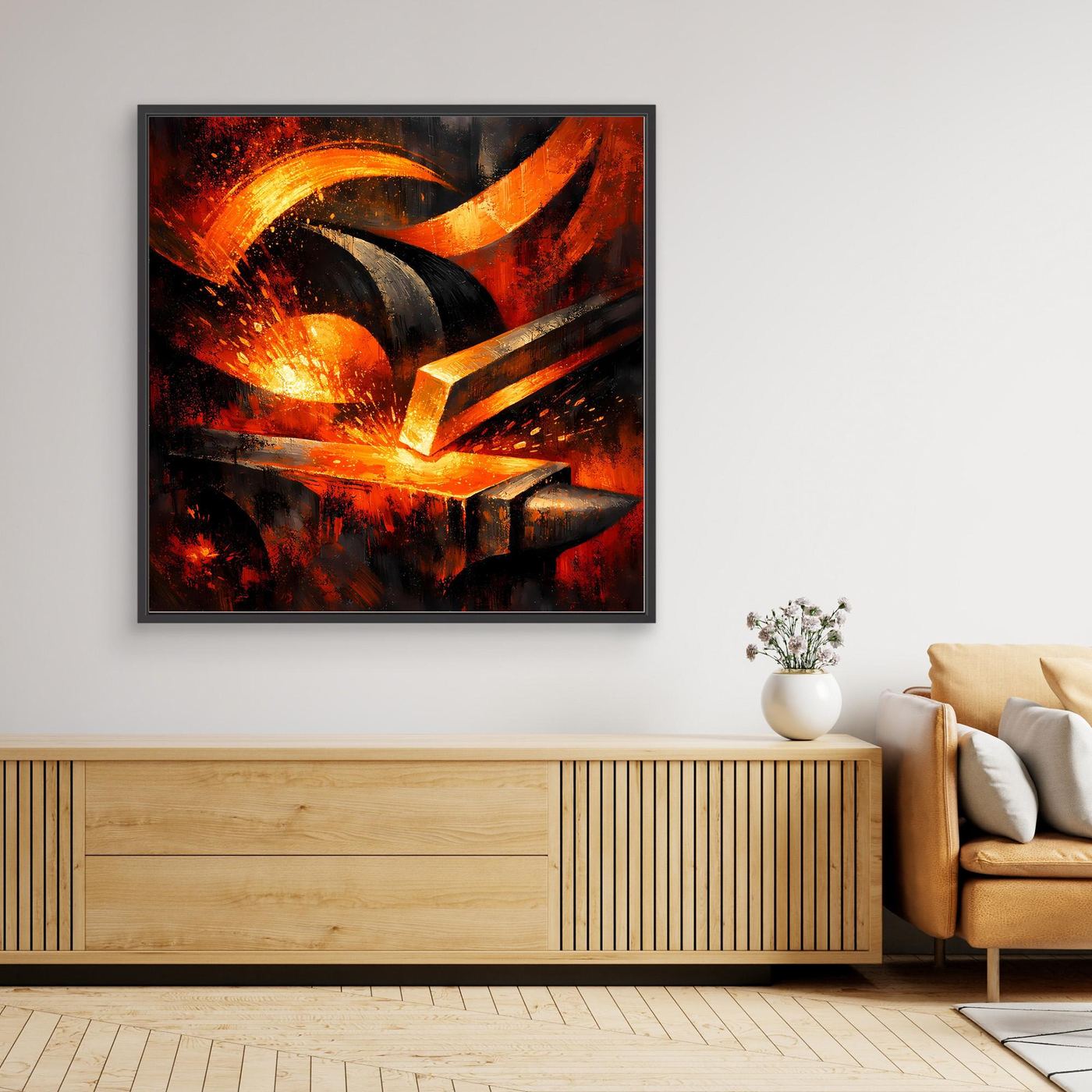 Leinwandbild mit abstraktem Amboss in Schwarz, Rot und Gold mit dunklem Rahmen