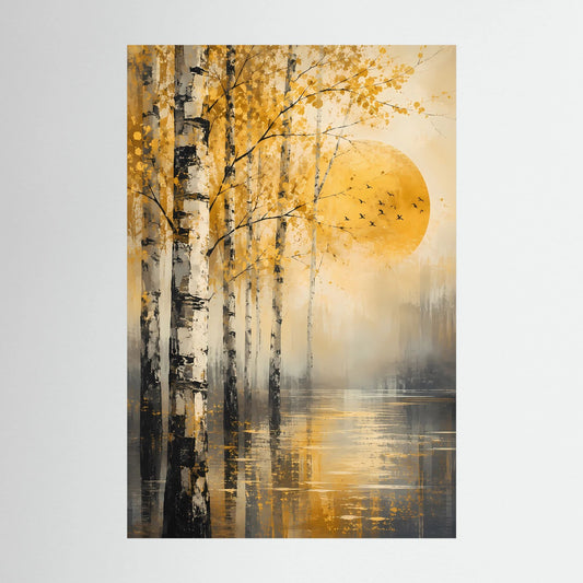 Hochformat-Poster mit abstrakter Herbstlandschaft: Birken, goldene Sonne, Vögel