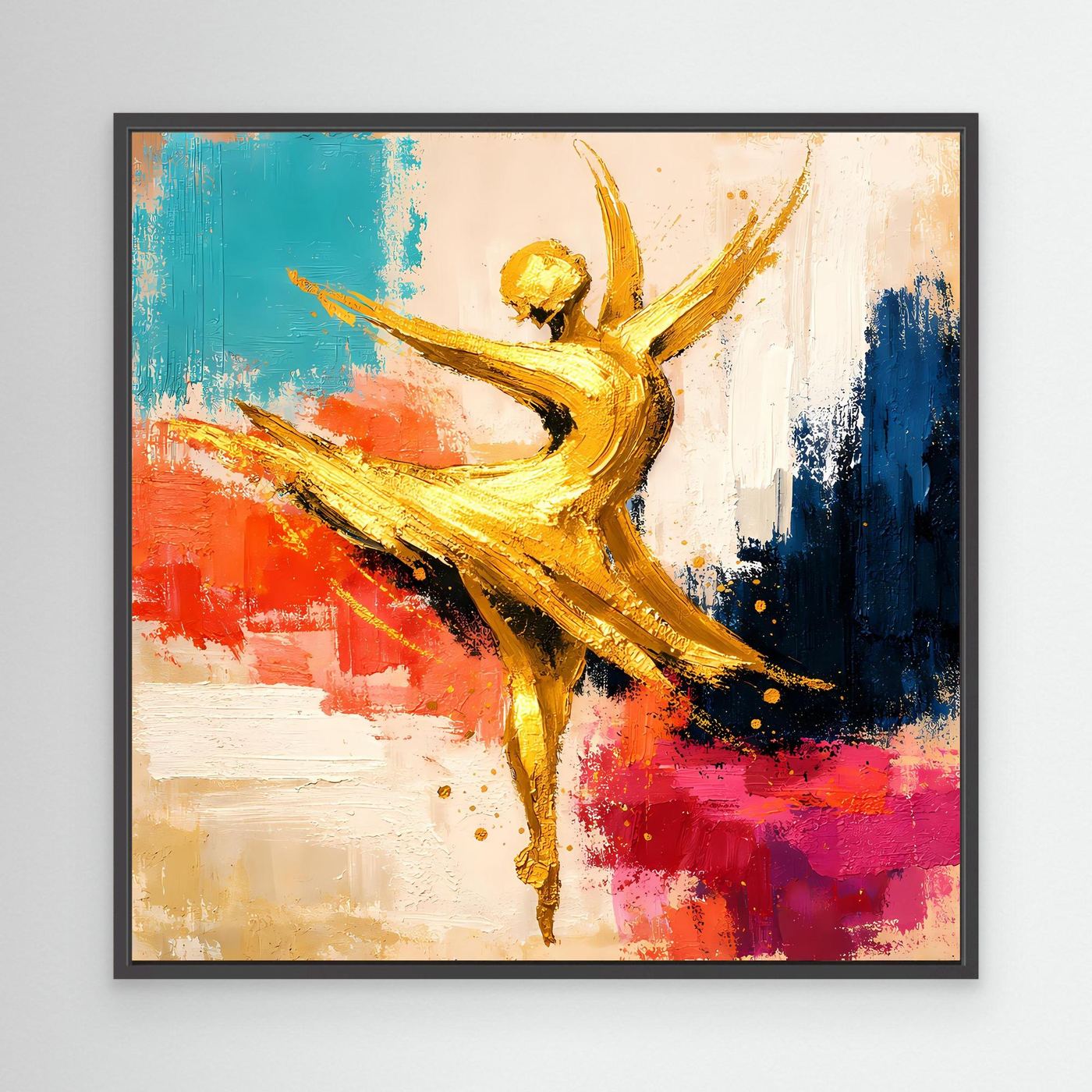 Abstraktes Leinwand-Wandbild mit goldener Ballerina, türkis, rot und blau, schwarzer Rahmen