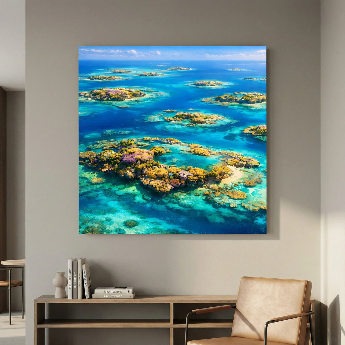 Wandbild mit paradiesischem Atoll auf Holzkeilrahmen, Korallenriff-Landschaft in Blau und Türkis