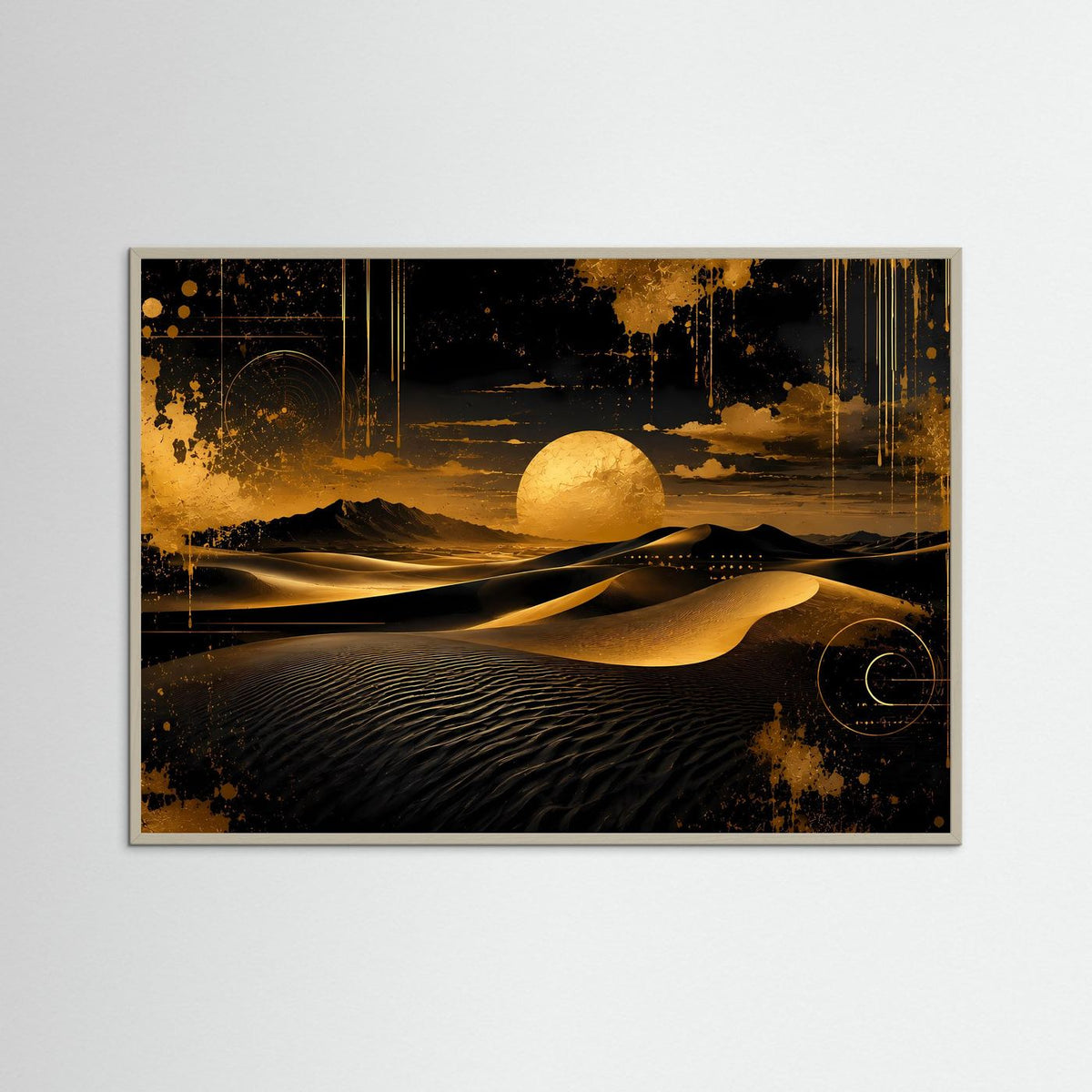 Abstraktes Dünen-Poster im Querformat, heller brauner Rahmen, goldene Sonne über Dünen