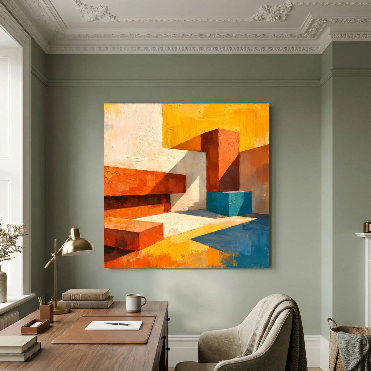 Abstraktes Leinwand-Wandbild mit geometrischen Formen in Orange, Weiß und Blau