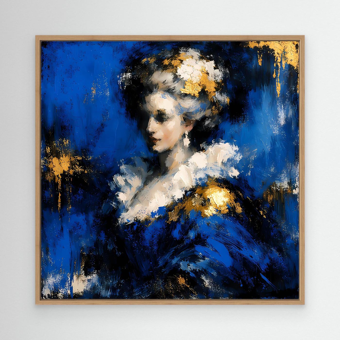 Leinwand Elegante Barock-Dame in Blau und Gold | Abstraktes Porträt Wandbild