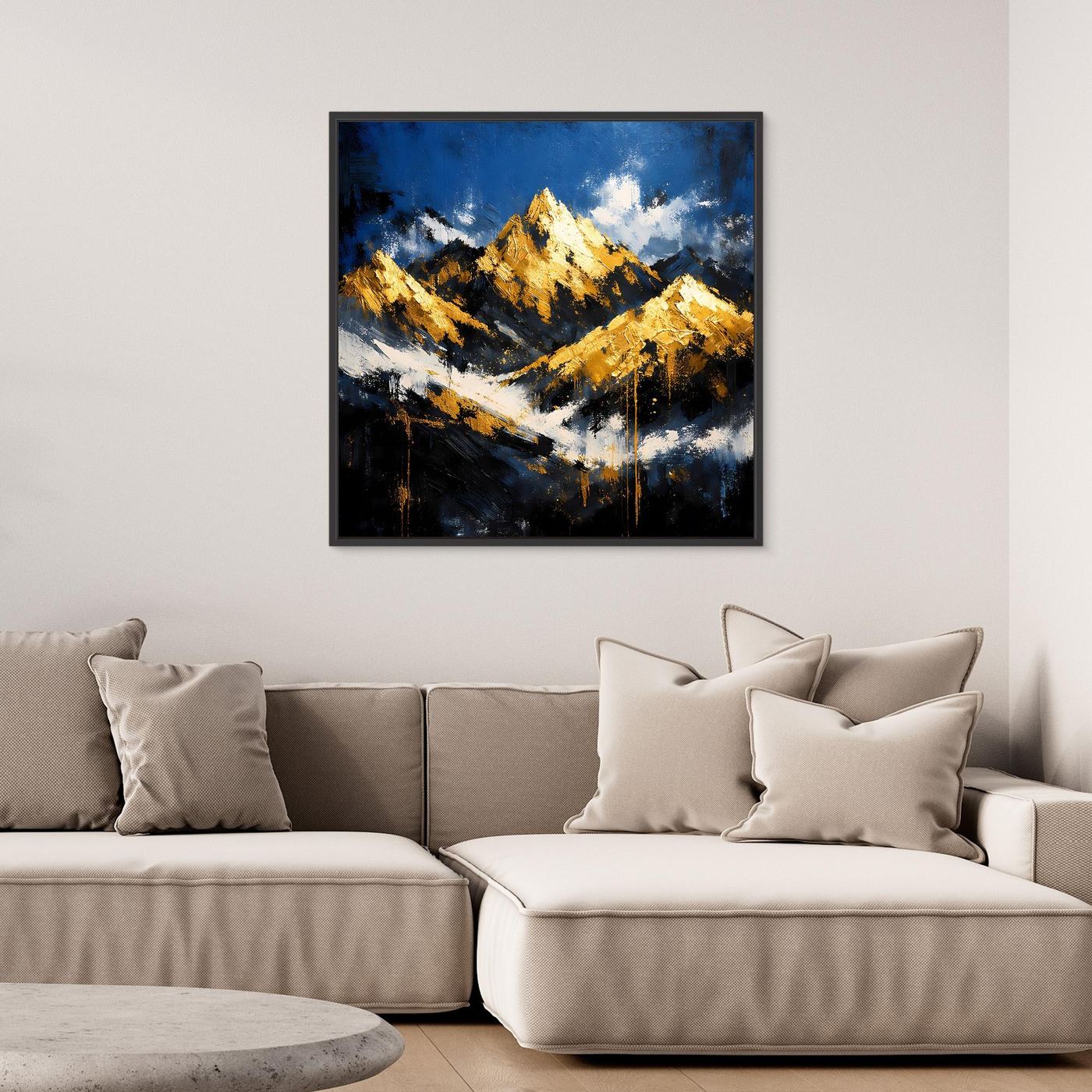 Leinwand Abstraktes Berggemälde in Blau und Gold | Modernes Berge Wandbild