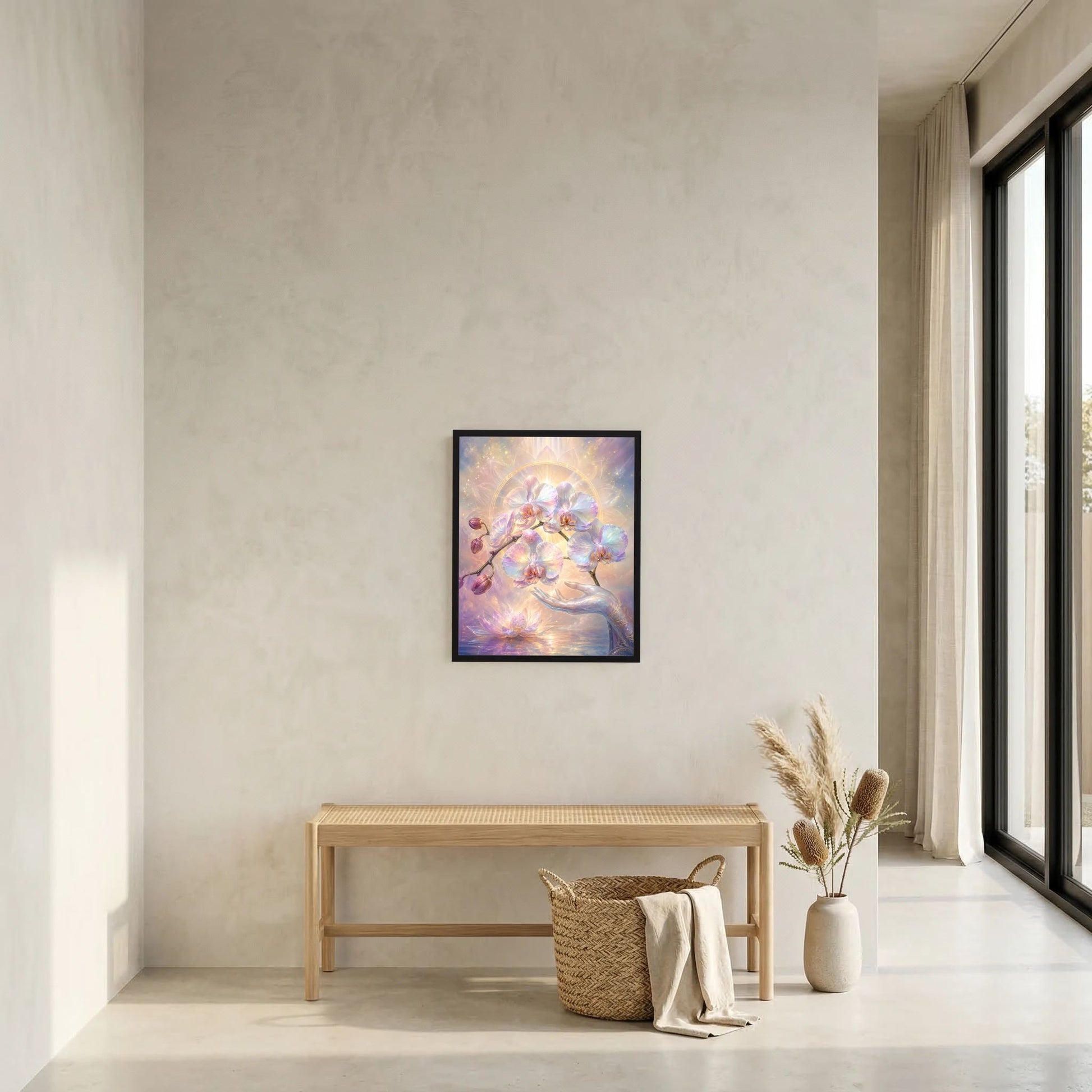 Gerahmtes Hochformat-Kunstposter mit Pastell-Orchideen, Lotus und goldener Lichthalo