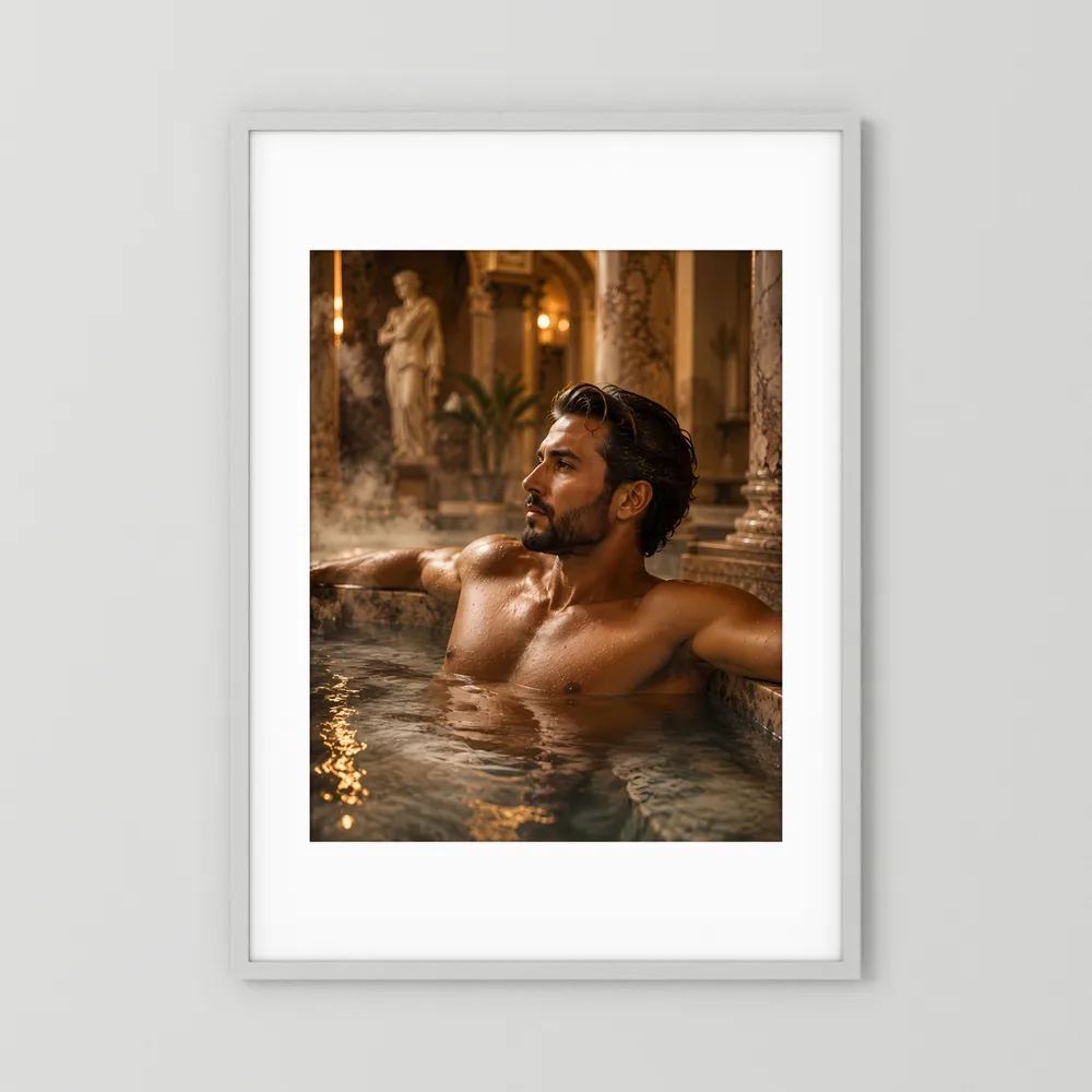 Poster im weißen Rahmen: Mann im Thermalbad, Oberkörper im Wasser, seitlicher Blick