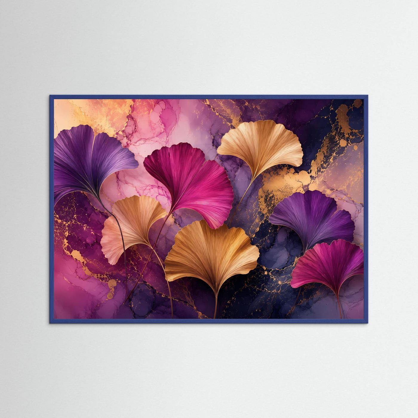 Ginkgo-Blätter in Gold, Violett & Magenta | Abstrakte botanische Wandkunst